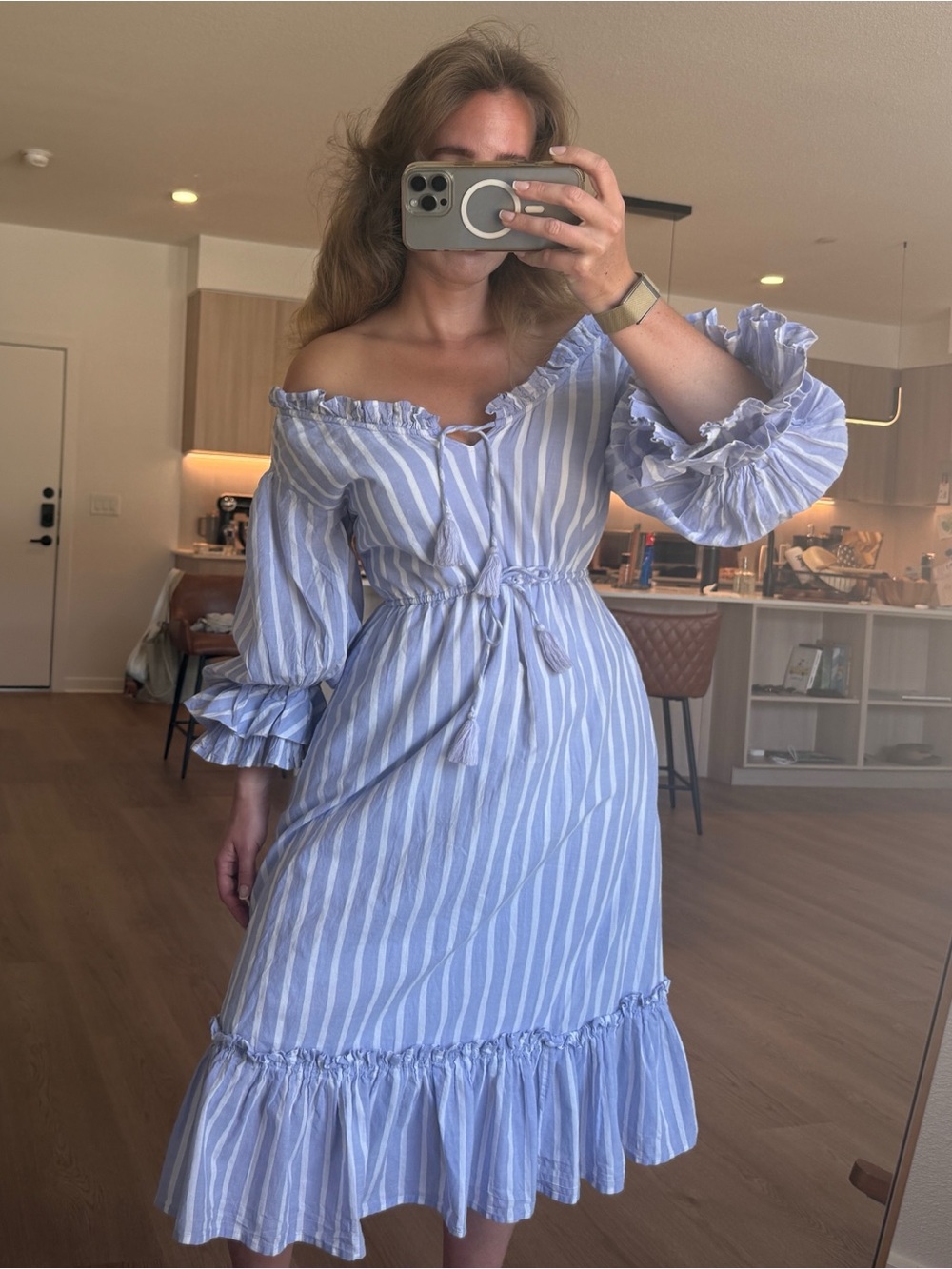 Off-Shoulder Blue Stripe Midi Dress - Lightweight Summer Style